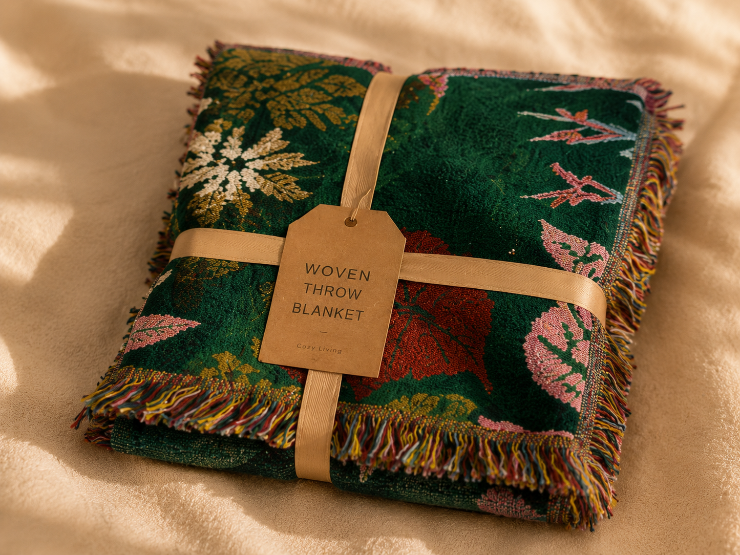 Tropical woven throw blanket folded as a gift