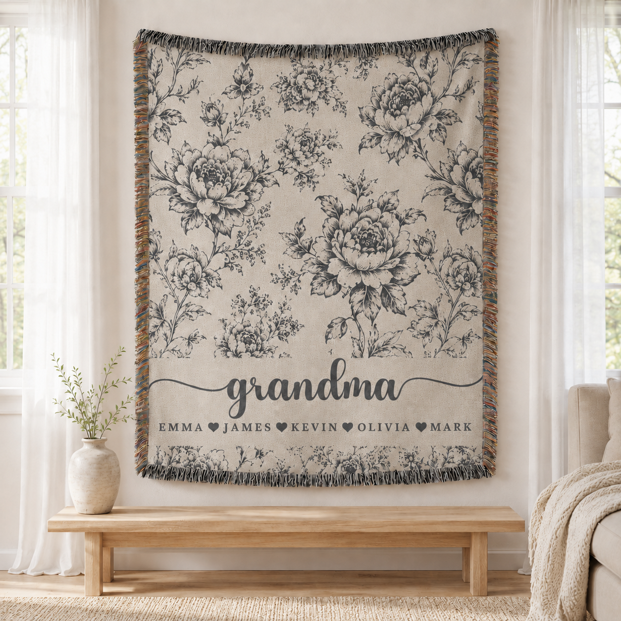 Personalized Grandma Woven Blanket With Grandkids Names, Custom Blue Floral Throw Blanket Gift