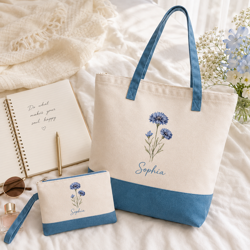 Personalized Birth Flower Tote Bag – Custom Name Canvas Bag Gift for Mom