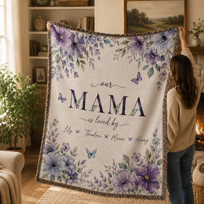 Personalized Mama Woven Blanket With Kids Names – Custom Floral Mother’s Day Throw Blanket