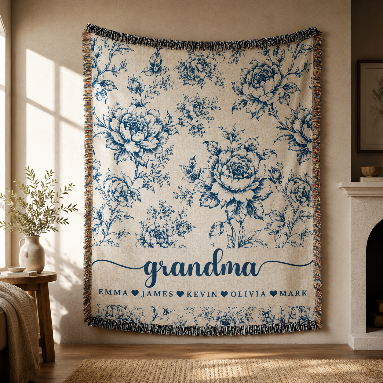Personalized Grandma Woven Blanket With Grandkids Names, Custom Blue Floral Throw Blanket Gift