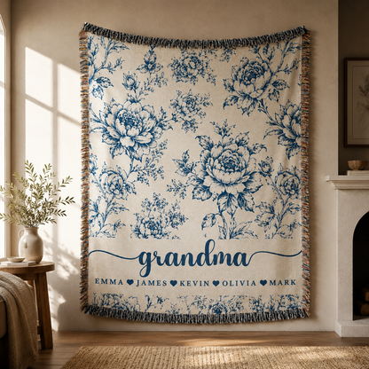Personalized Grandma Woven Blanket With Grandkids Names, Custom Blue Floral Throw Blanket Gift