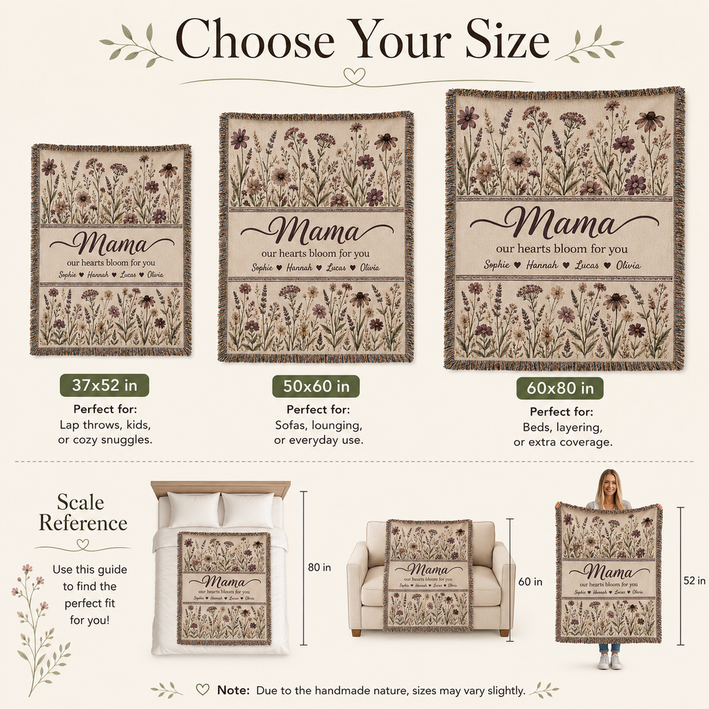 Personalized Mama Woven Blanket - Custom Floral Throw with Kids' Names (Gift for Mom, Grandma, Nana)