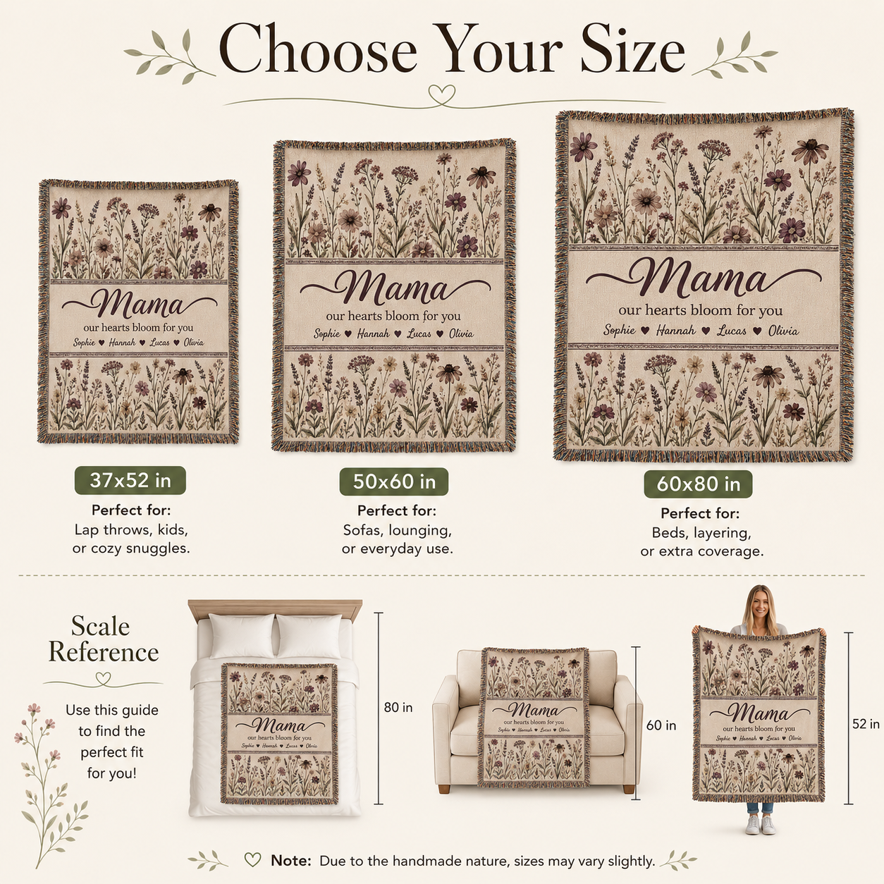 Personalized Mama Woven Blanket - Custom Floral Throw with Kids' Names (Gift for Mom, Grandma, Nana)
