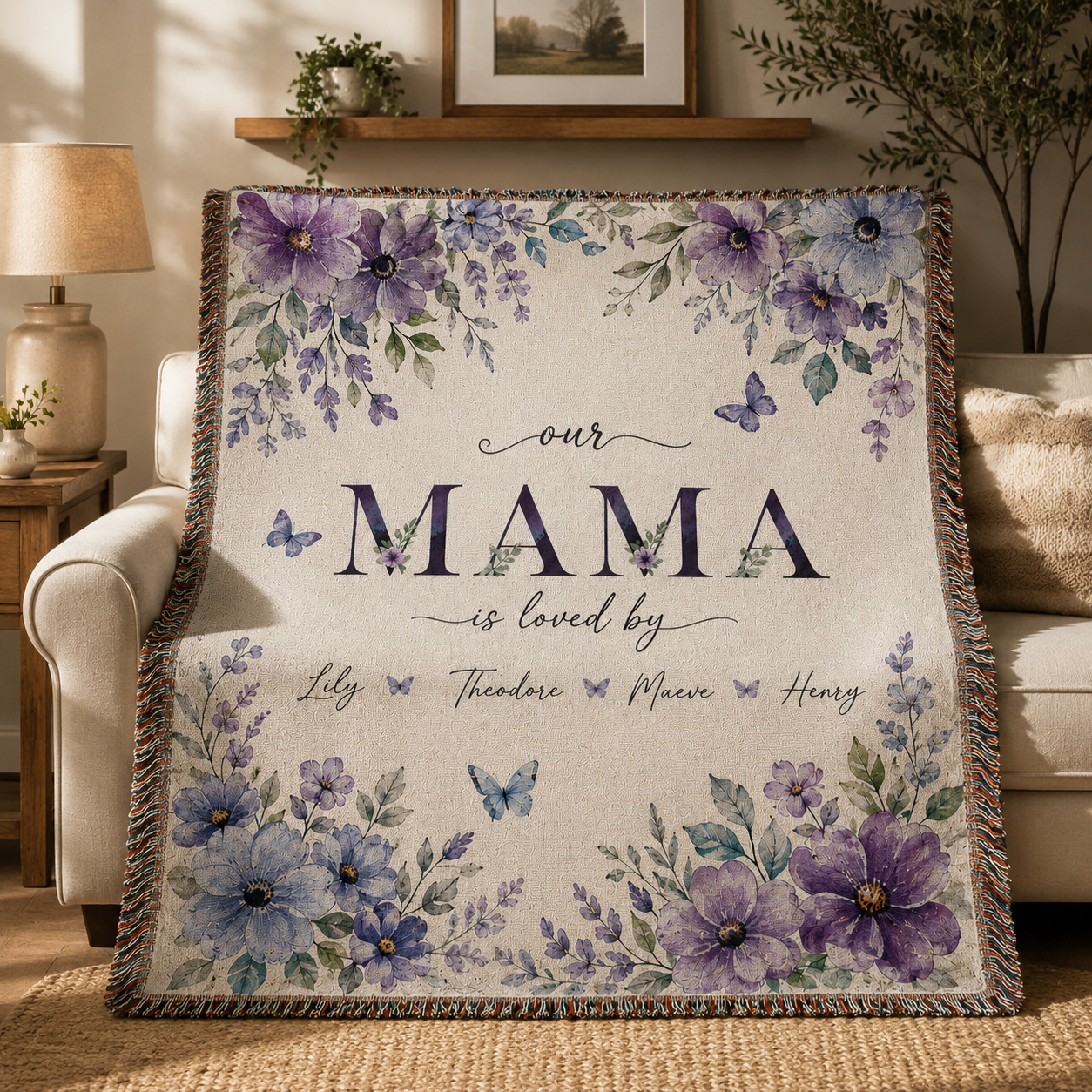Personalized Mama Woven Blanket With Kids Names – Custom Floral Mother’s Day Throw Blanket