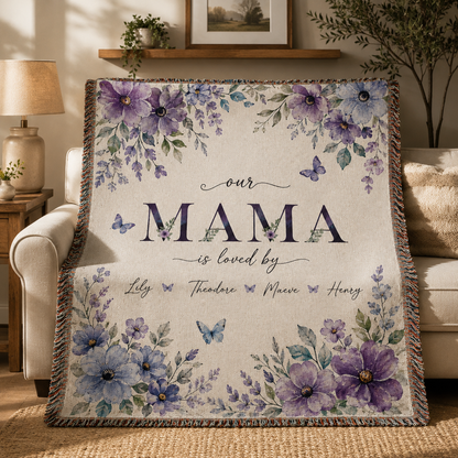 Personalized Mama Woven Blanket With Kids Names – Custom Floral Mother’s Day Throw Blanket