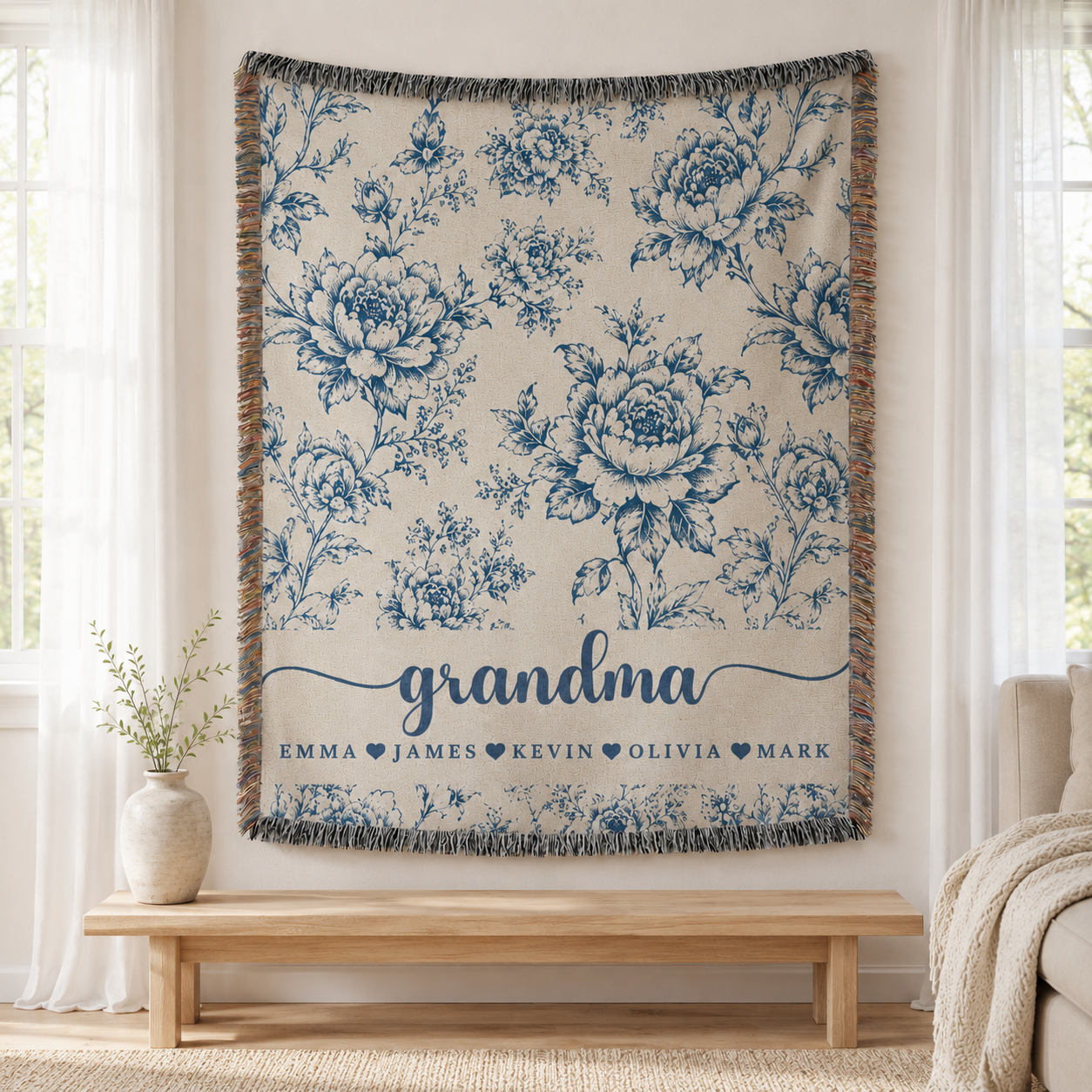 Personalized Grandma Woven Blanket With Grandkids Names, Custom Blue Floral Throw Blanket Gift