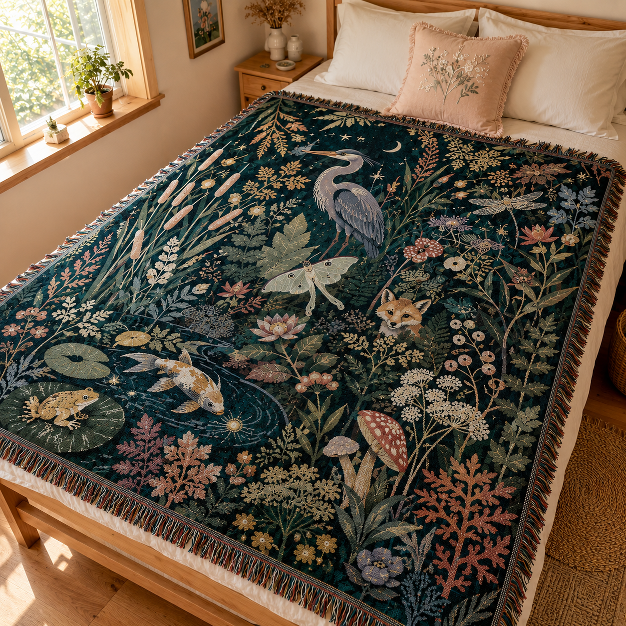 Moonlit Wetland Garden Woven Blanket - Enchanted Nature Tapestry Throw