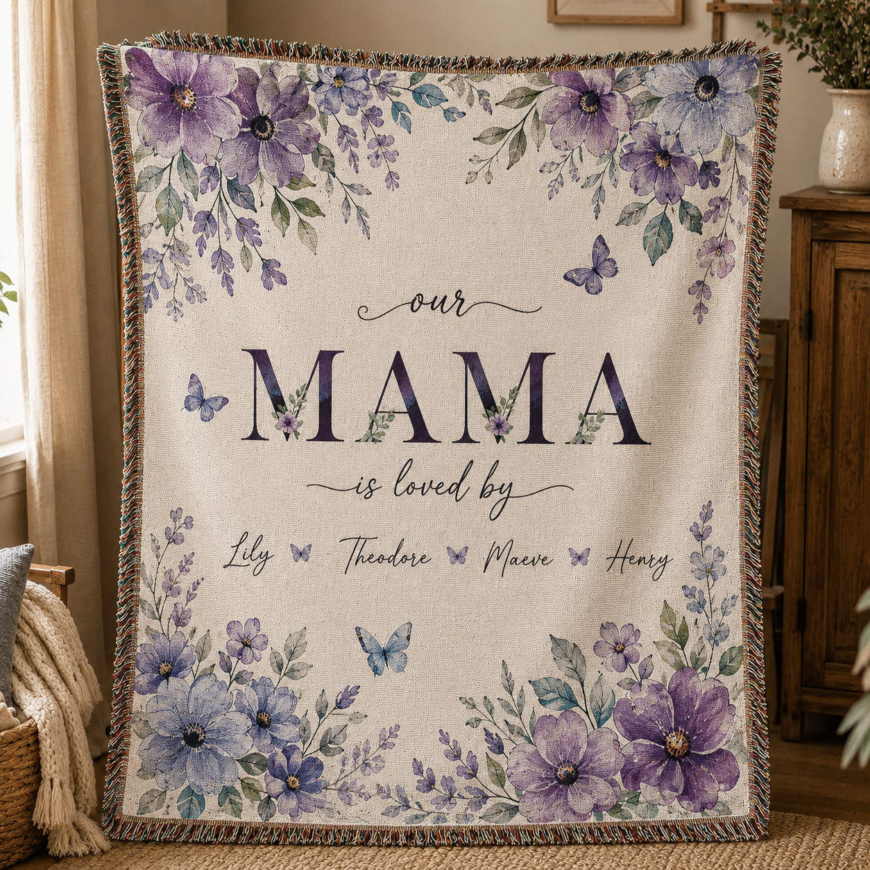 Personalized Mama Woven Blanket With Kids Names – Custom Floral Mother’s Day Throw Blanket