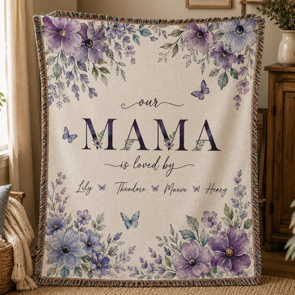 Personalized Mama Woven Blanket With Kids Names – Custom Floral Mother’s Day Throw Blanket