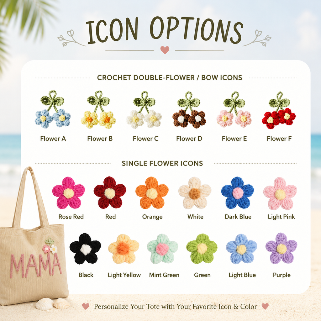 Personalized Corduroy Tote Bag, Custom Name Tote Bag with Crochet Flower, Gift for Mom