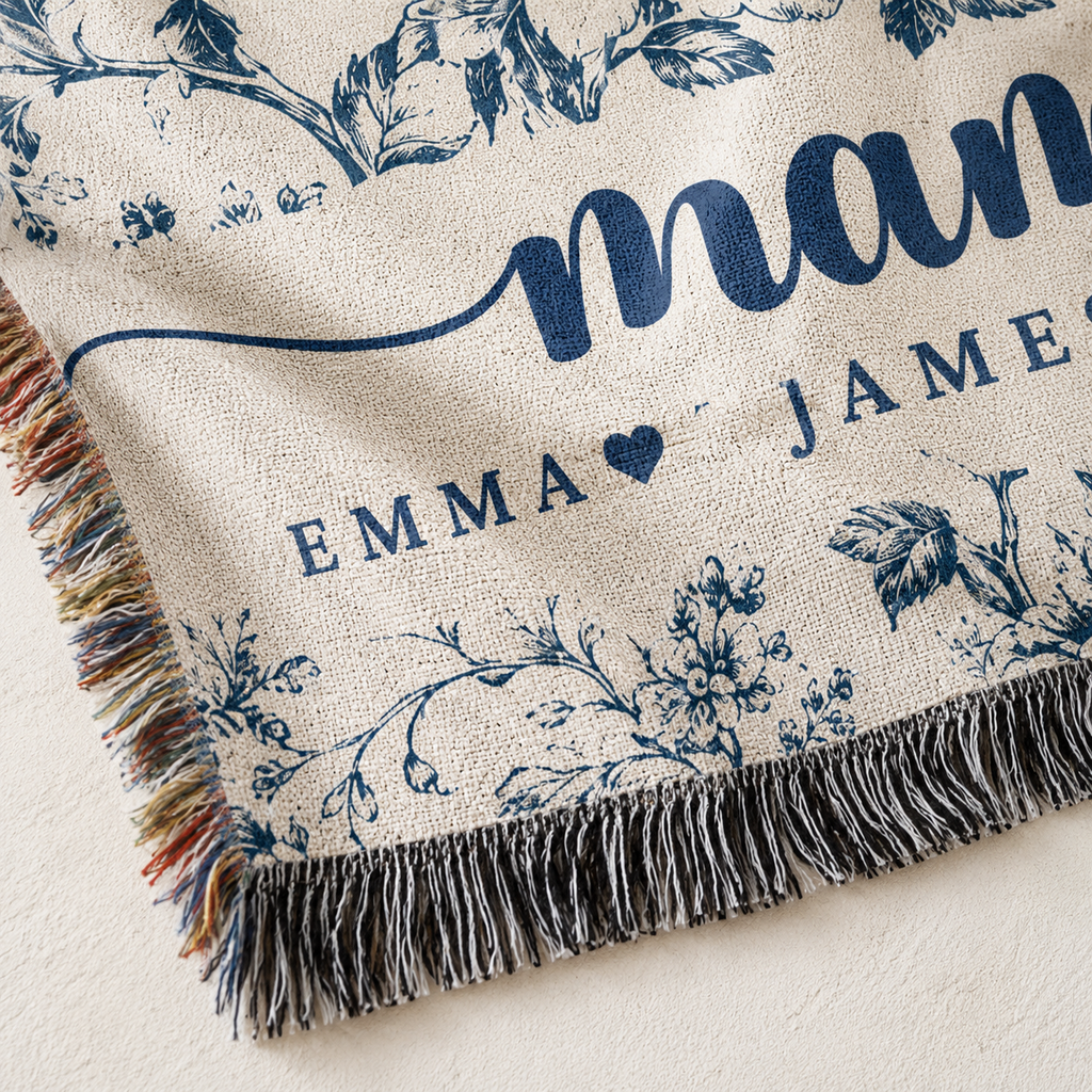 Mama Woven Blanket, Custom Blue Floral Toile Throw with Kids' Names, Mother's Day & Birthday Gift