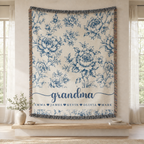 Mama Woven Blanket, Custom Blue Floral Toile Throw with Kids' Names, Mother's Day & Birthday Gift
