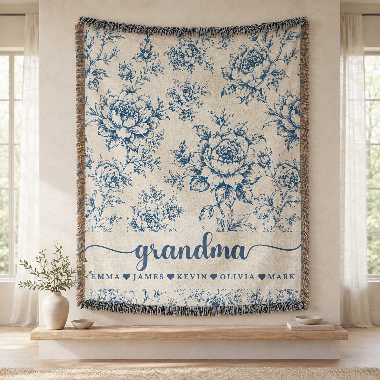 Mama Woven Blanket, Custom Blue Floral Toile Throw with Kids' Names, Mother's Day & Birthday Gift