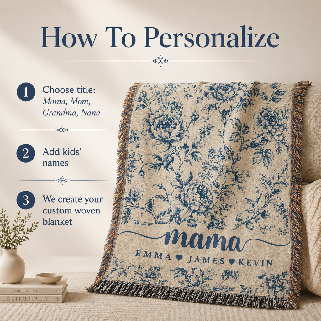 Mama Woven Blanket, Custom Blue Floral Toile Throw with Kids' Names, Mother's Day & Birthday Gift