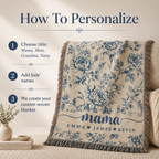 Mama Woven Blanket, Custom Blue Floral Toile Throw with Kids' Names, Mother's Day & Birthday Gift
