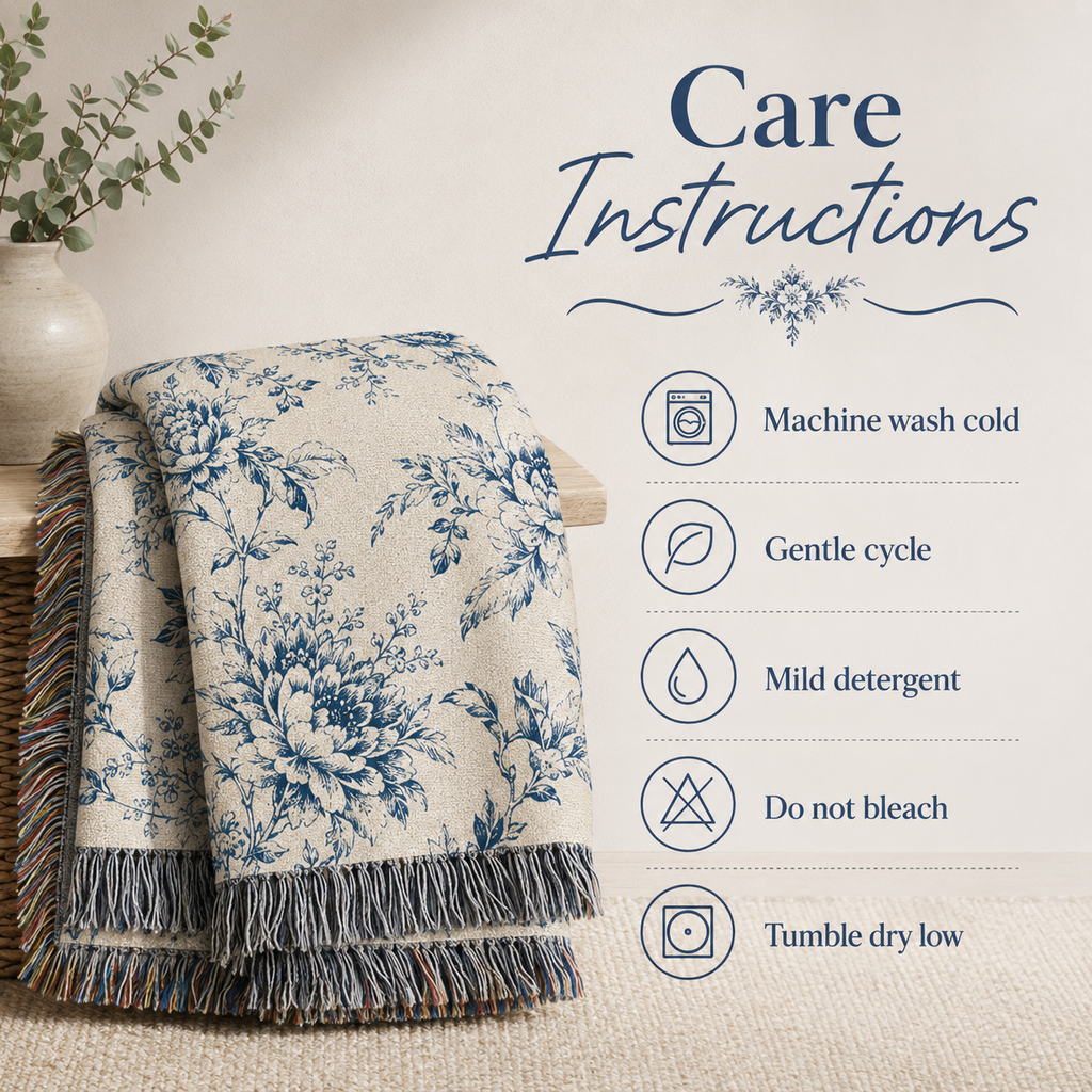 Mama Woven Blanket, Custom Blue Floral Toile Throw with Kids' Names, Mother's Day & Birthday Gift