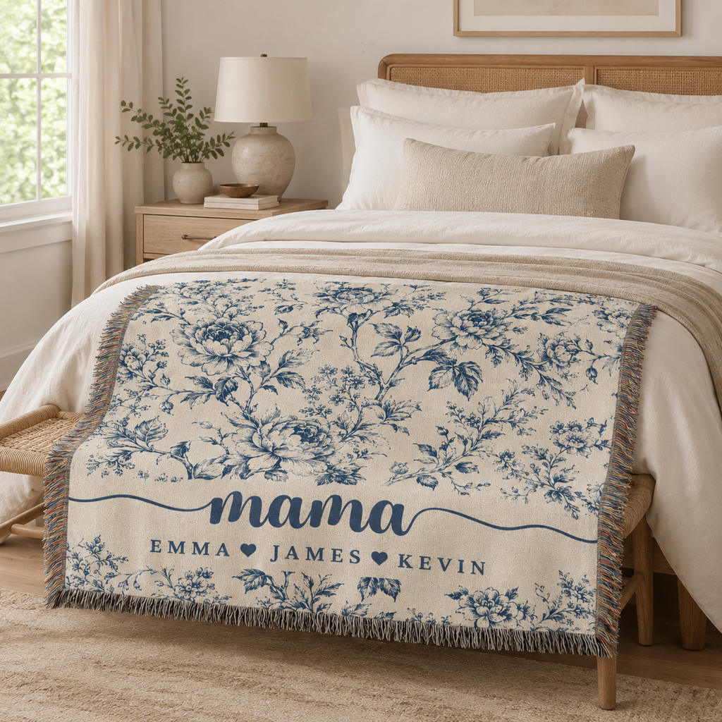 Mama Woven Blanket, Custom Blue Floral Toile Throw with Kids' Names, Mother's Day & Birthday Gift