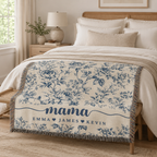 Mama Woven Blanket, Custom Blue Floral Toile Throw with Kids' Names, Mother's Day & Birthday Gift