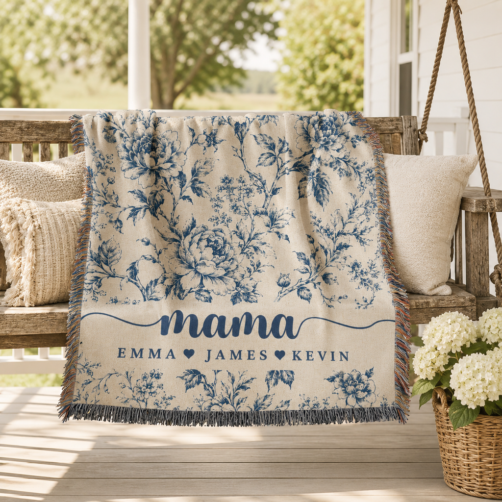 Mama Woven Blanket, Custom Blue Floral Toile Throw with Kids' Names, Mother's Day & Birthday Gift