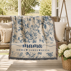 Mama Woven Blanket, Custom Blue Floral Toile Throw with Kids' Names, Mother's Day & Birthday Gift