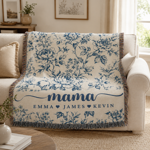 Mama Woven Blanket, Custom Blue Floral Toile Throw with Kids' Names, Mother's Day & Birthday Gift