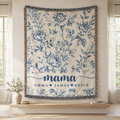 Mama Woven Blanket, Custom Blue Floral Toile Throw with Kids' Names, Mother's Day & Birthday Gift