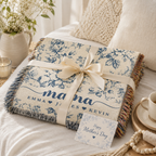 Mama Woven Blanket, Custom Blue Floral Toile Throw with Kids' Names, Mother's Day & Birthday Gift