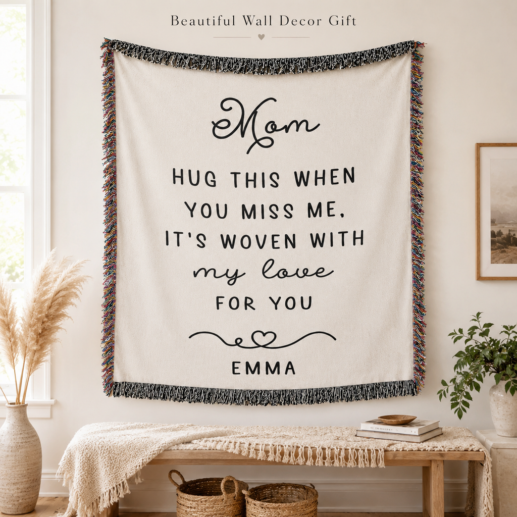 Personalized Mom Woven Blanket — “Hug This When You Miss Me” Custom Name Throw