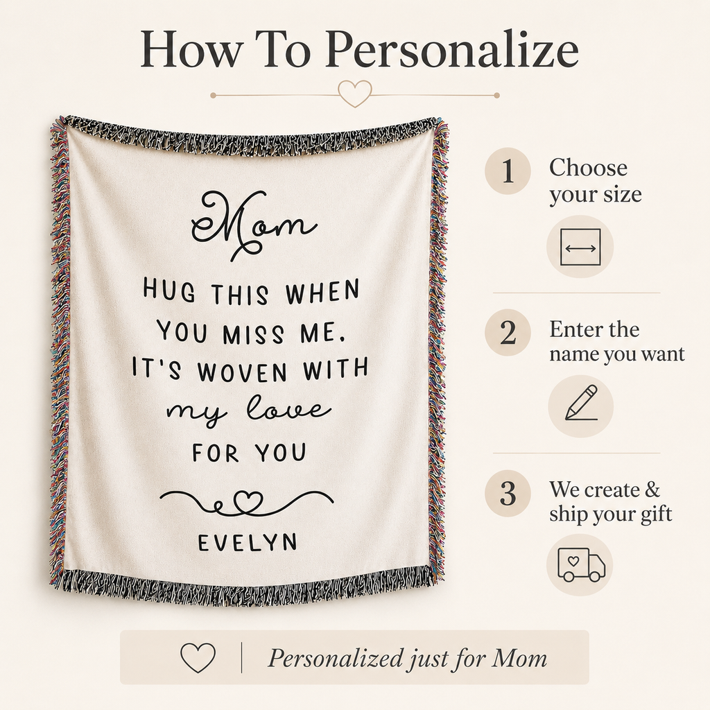 Personalized Mom Woven Blanket — “Hug This When You Miss Me” Custom Name Throw