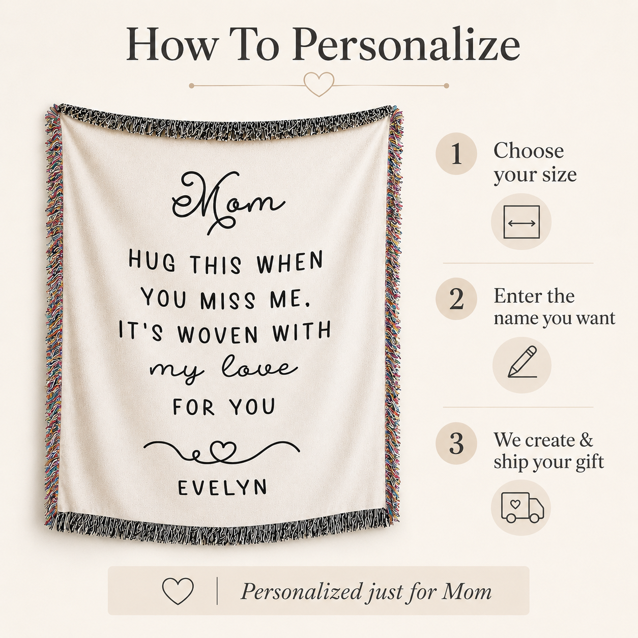 Personalized Mom Woven Blanket — “Hug This When You Miss Me” Custom Name Throw
