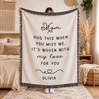 Personalized Mom Woven Blanket — “Hug This When You Miss Me” Custom Name Throw
