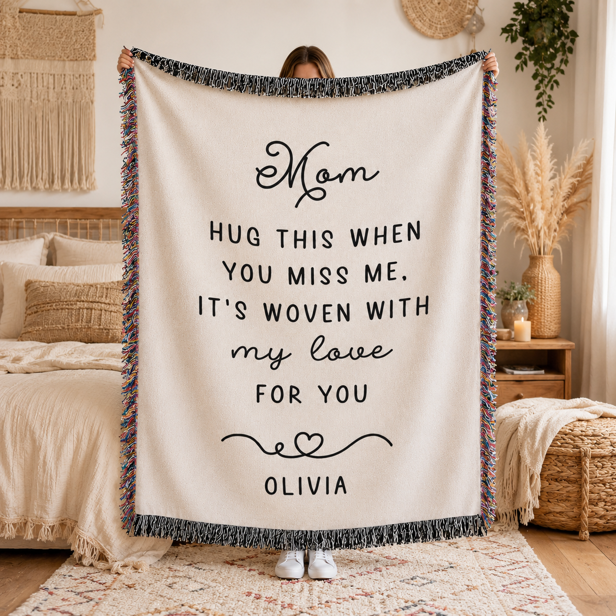 Personalized Mom Woven Blanket — “Hug This When You Miss Me” Custom Name Throw