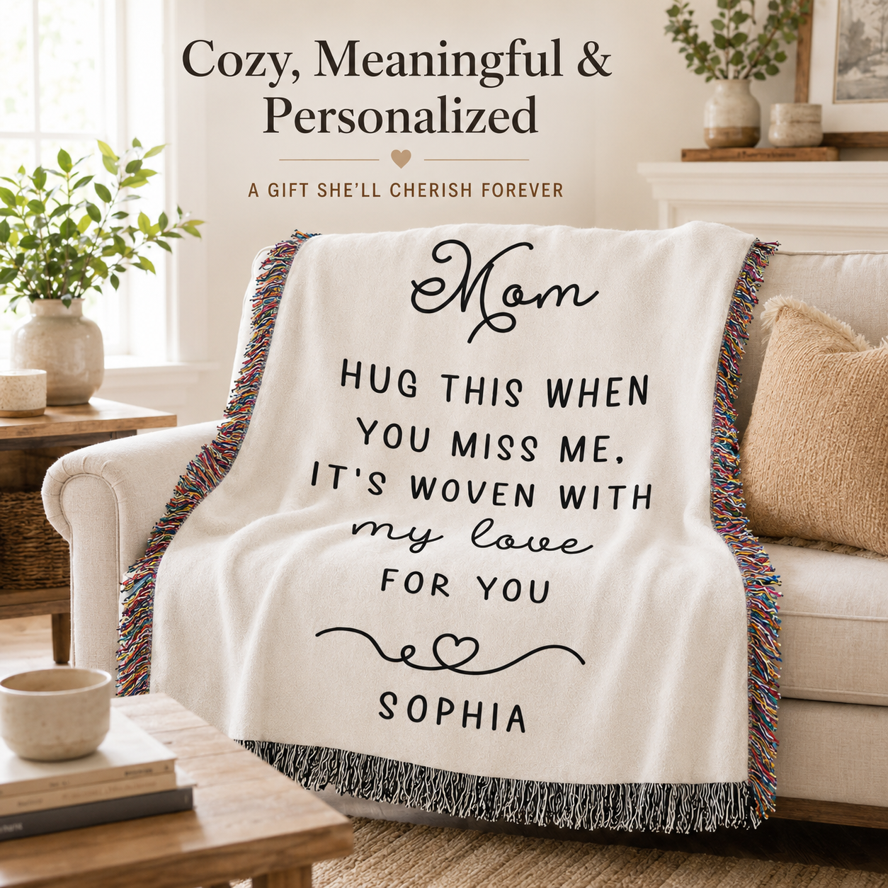 Personalized Mom Woven Blanket — “Hug This When You Miss Me” Custom Name Throw