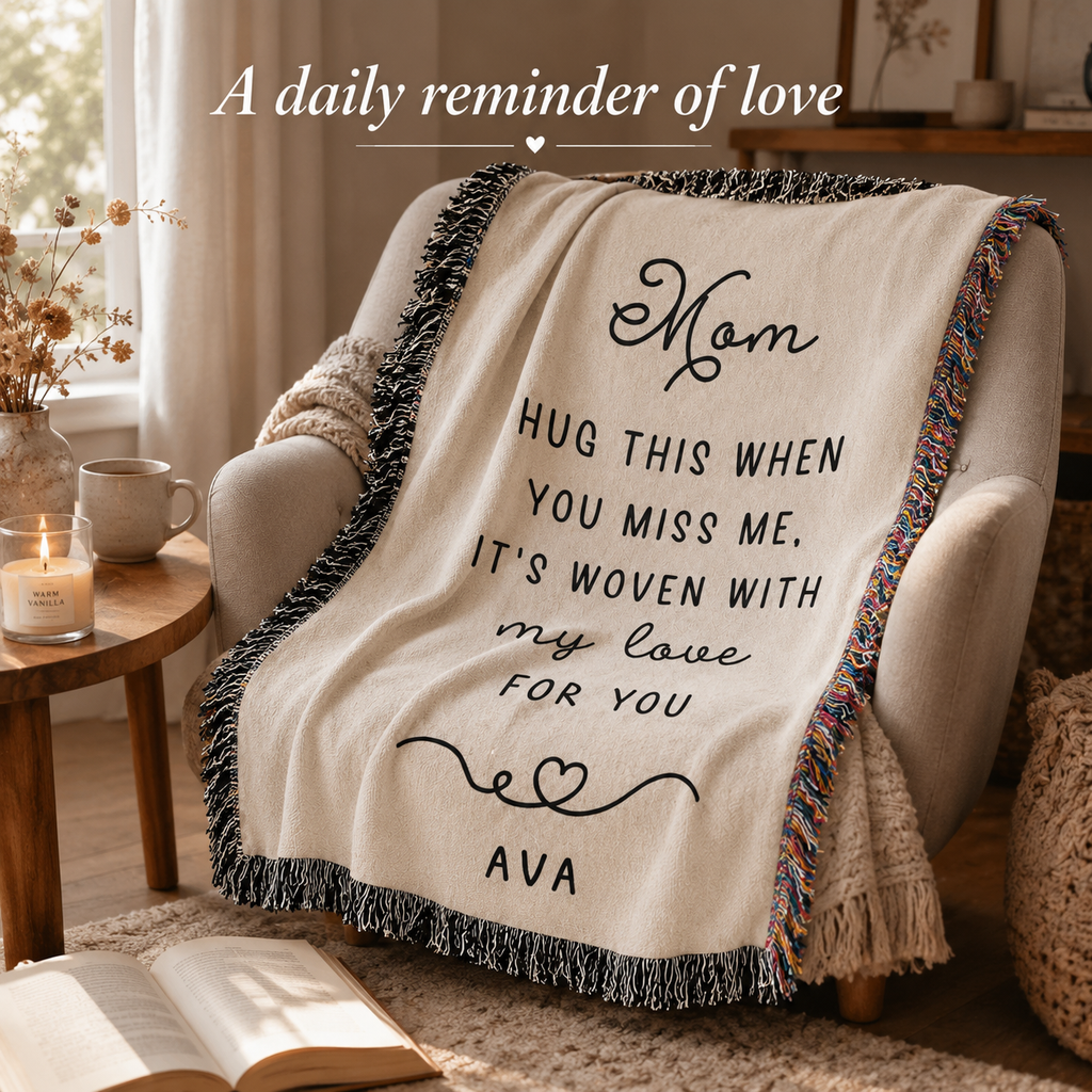 Personalized Mom Woven Blanket — “Hug This When You Miss Me” Custom Name Throw