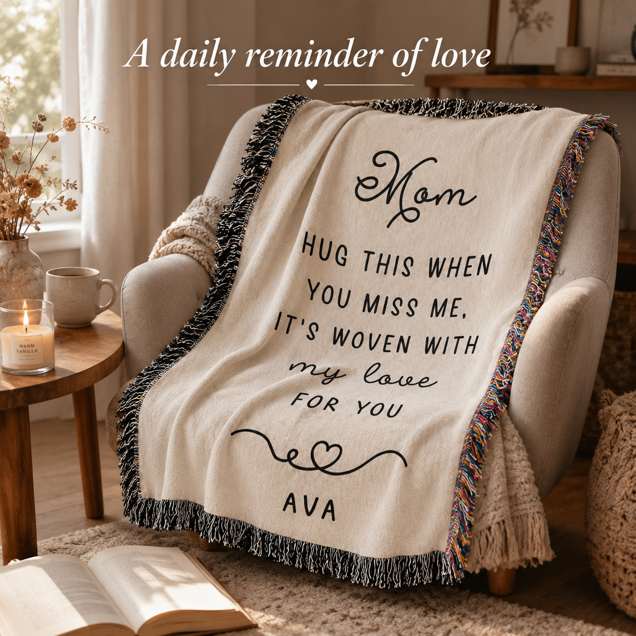 Personalized Mom Woven Blanket — “Hug This When You Miss Me” Custom Name Throw