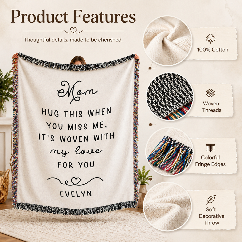Personalized Mom Woven Blanket — “Hug This When You Miss Me” Custom Name Throw