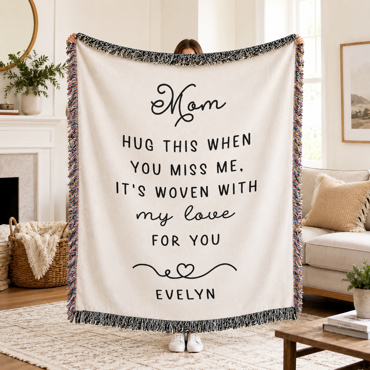 Personalized Mom Woven Blanket — “Hug This When You Miss Me” Custom Name Throw