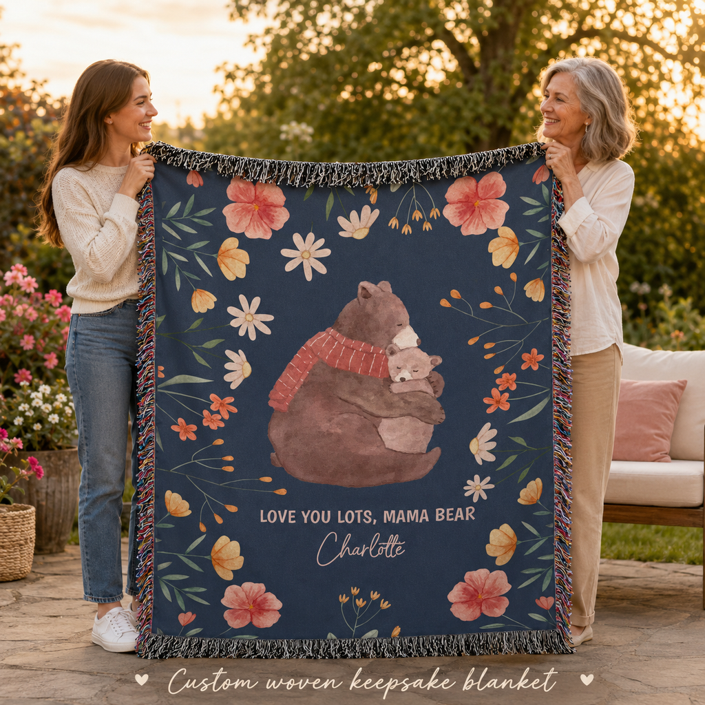 Mama Bear Personalized Woven Blanket,  Custom Kid Name Blanket, Mother's Day & Mum Birthday Gift