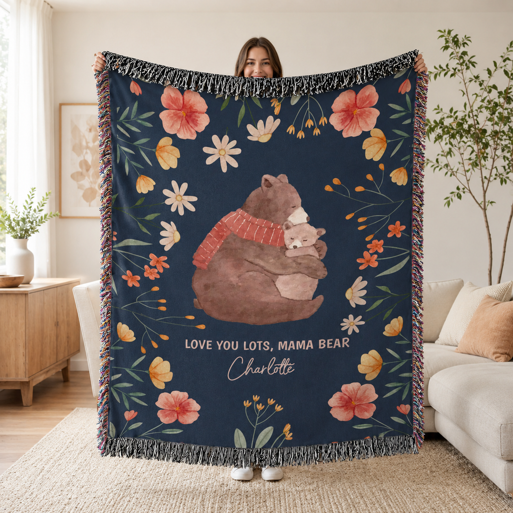 Mama Bear Personalized Woven Blanket,  Custom Kid Name Blanket, Mother's Day & Mum Birthday Gift