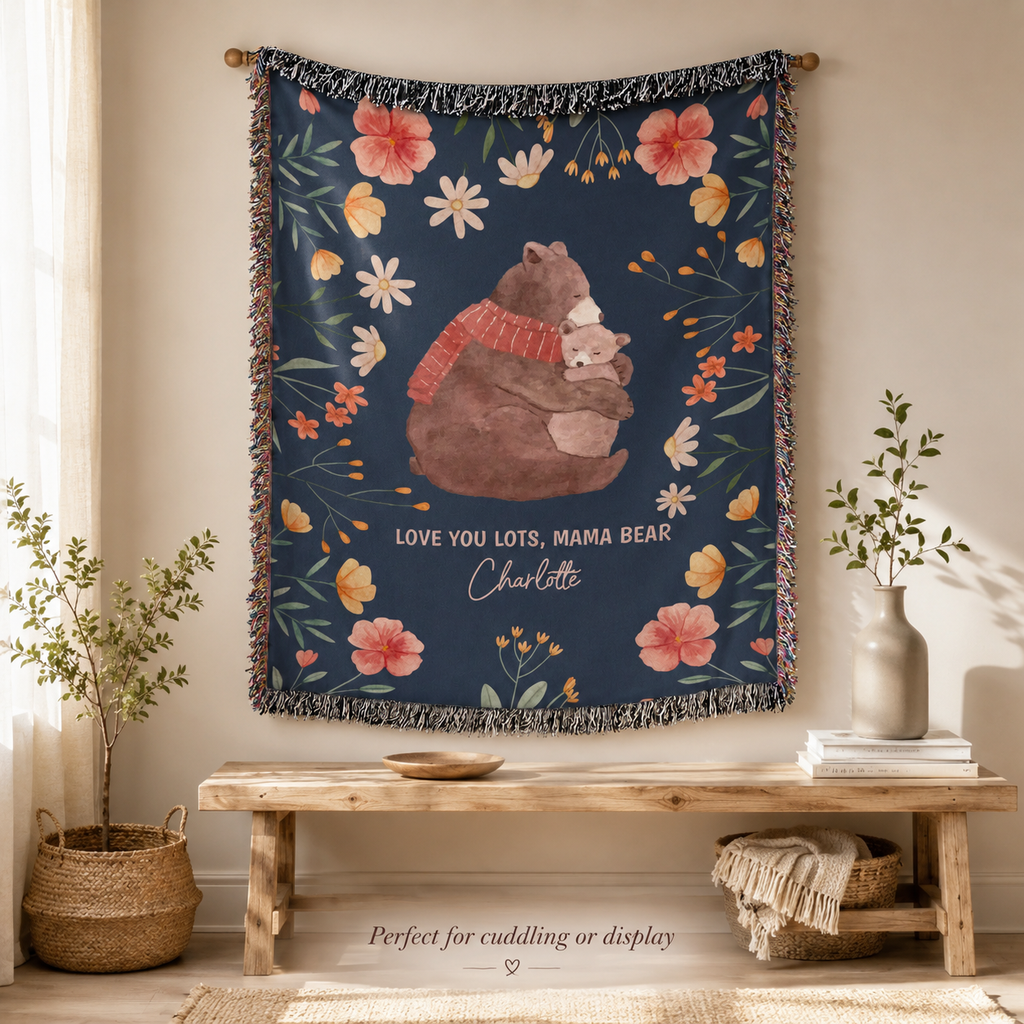 Mama Bear Personalized Woven Blanket,  Custom Kid Name Blanket, Mother's Day & Mum Birthday Gift