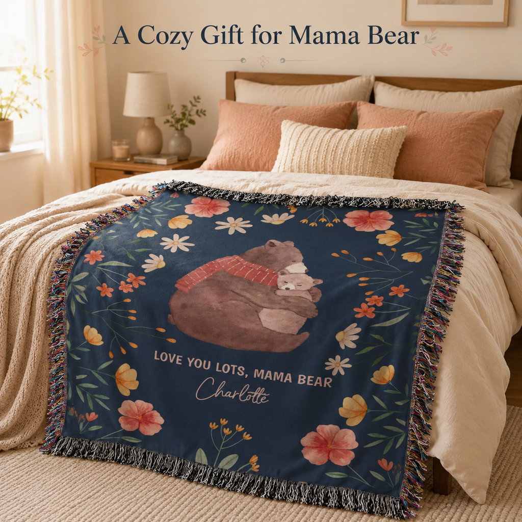 Mama Bear Personalized Woven Blanket,  Custom Kid Name Blanket, Mother's Day & Mum Birthday Gift