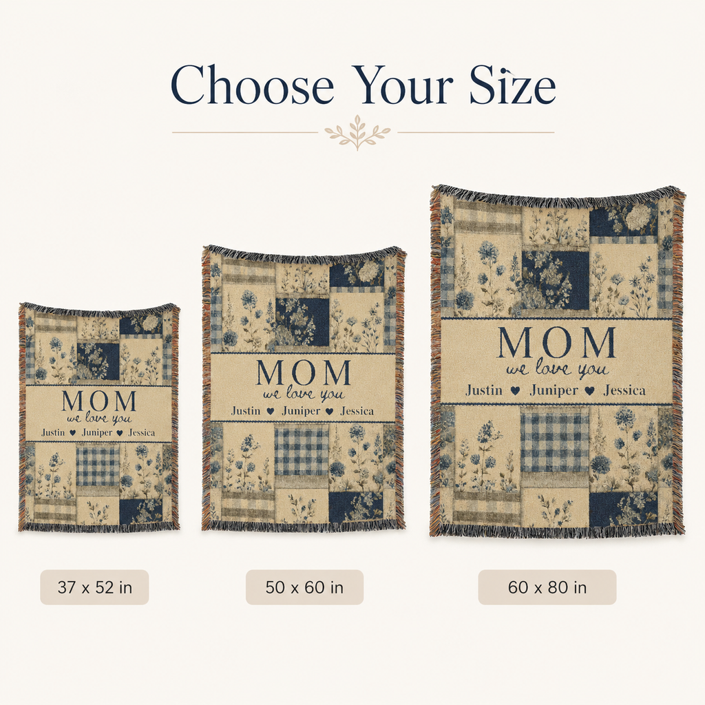 Personalized Mom Woven Blanket, Custom Floral Patchwork Throw with Kids' Names