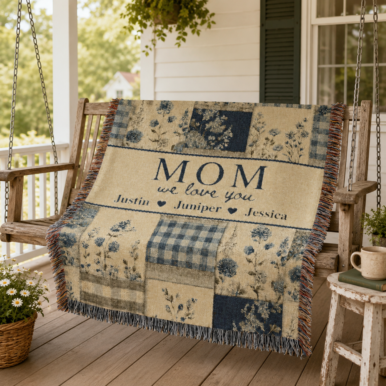 Personalized Mom Woven Blanket, Custom Floral Patchwork Throw with Kids' Names