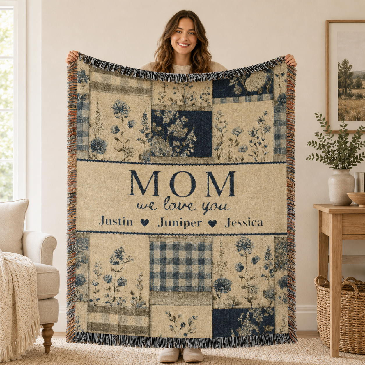 Personalized Mom Woven Blanket, Custom Floral Patchwork Throw with Kids' Names
