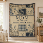 Personalized Mom Woven Blanket, Custom Floral Patchwork Throw with Kids' Names