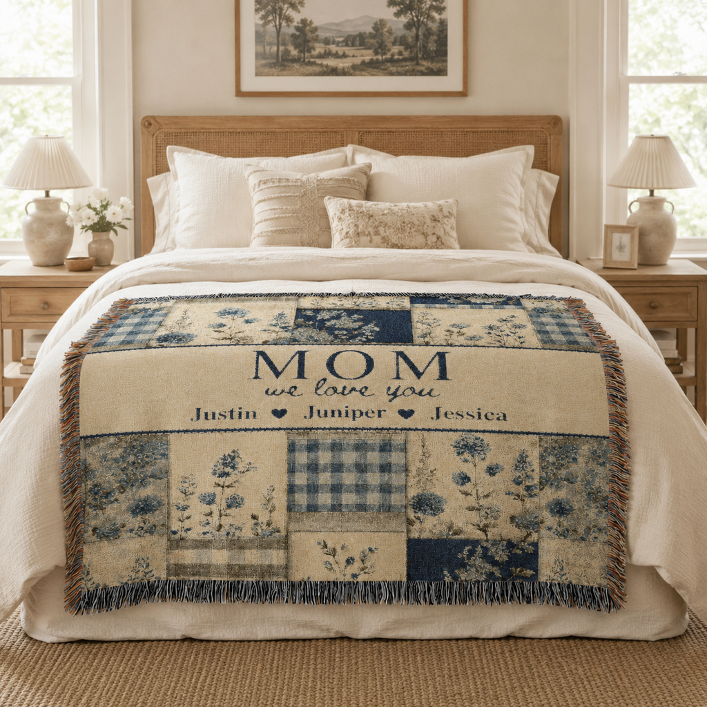 Personalized Mom Woven Blanket, Custom Floral Patchwork Throw with Kids' Names