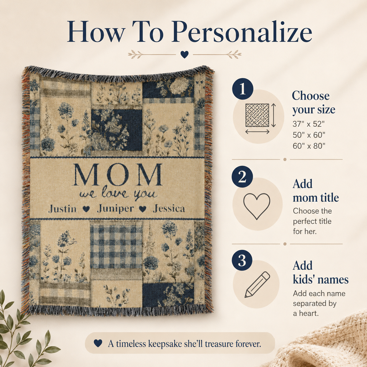 Personalized Mom Woven Blanket, Custom Floral Patchwork Throw with Kids' Names