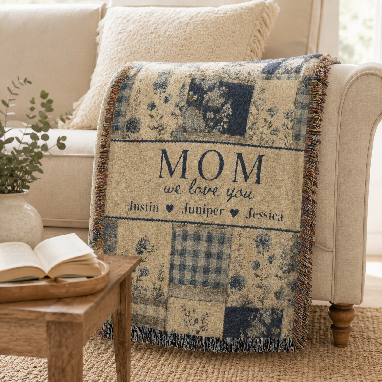 Personalized Mom Woven Blanket, Custom Floral Patchwork Throw with Kids' Names