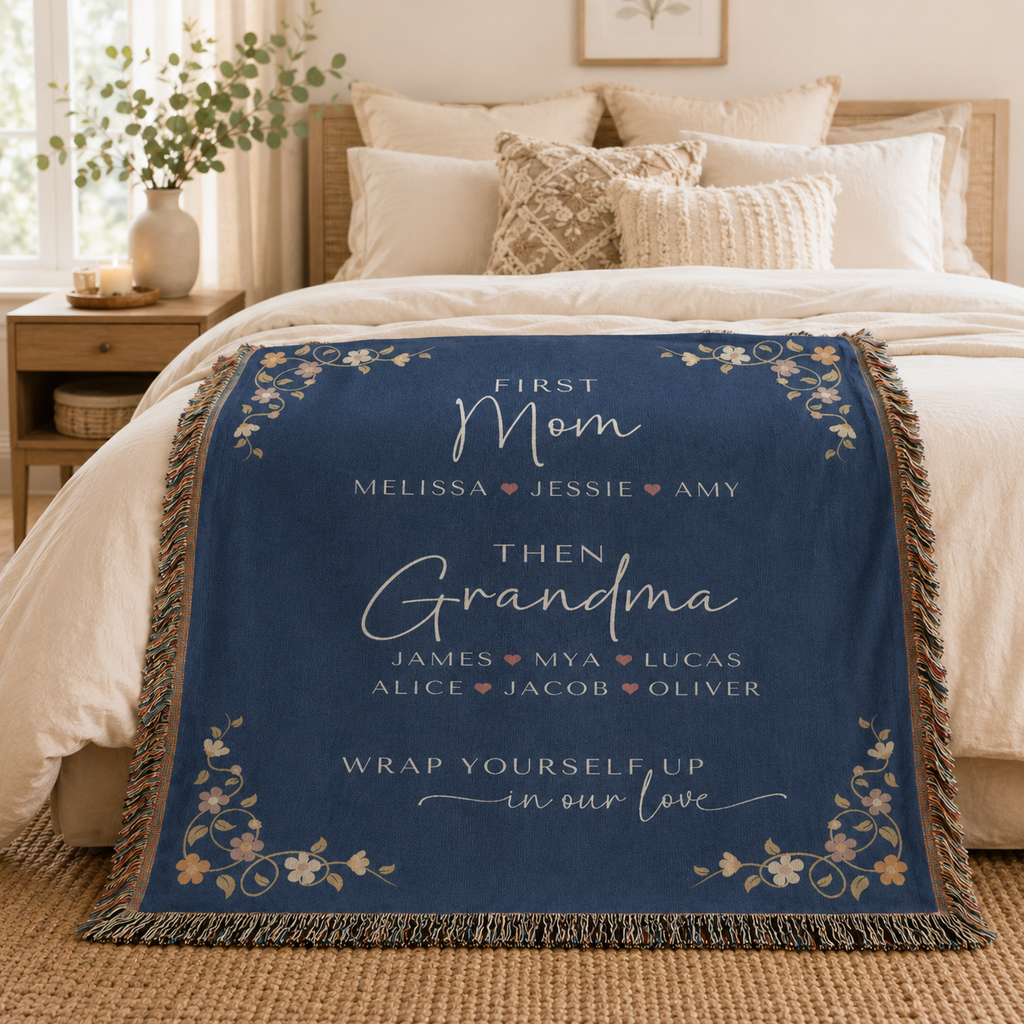 Personalized First Mom Then Grandma Woven Blanket – Custom Names Keepsake Throw Blanket Gift for Mom, Grandma, Nana